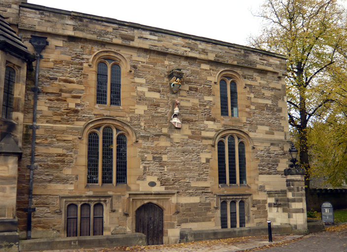 The fifteenth-century exchequer building. The windows were modified in the seventeenth century by Bishop John Cosin. 